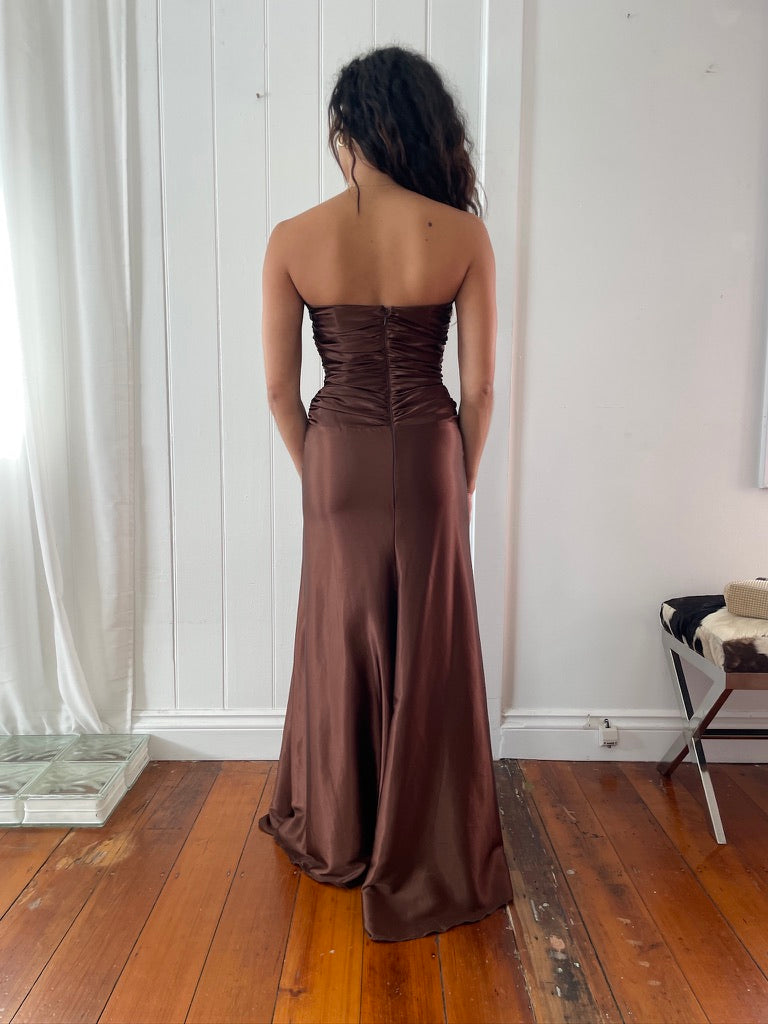 Vintage 90s Jessica McClintock brown strapless gown with bow