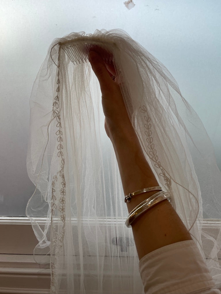 Vintage 70s embroidered chapel veil with blusher ivory