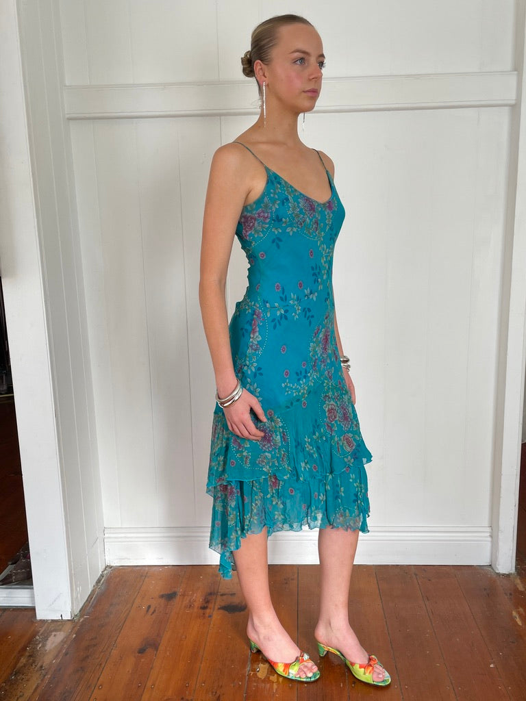 Vintage y2k blue floral silk bias cut asymmetric midi dress