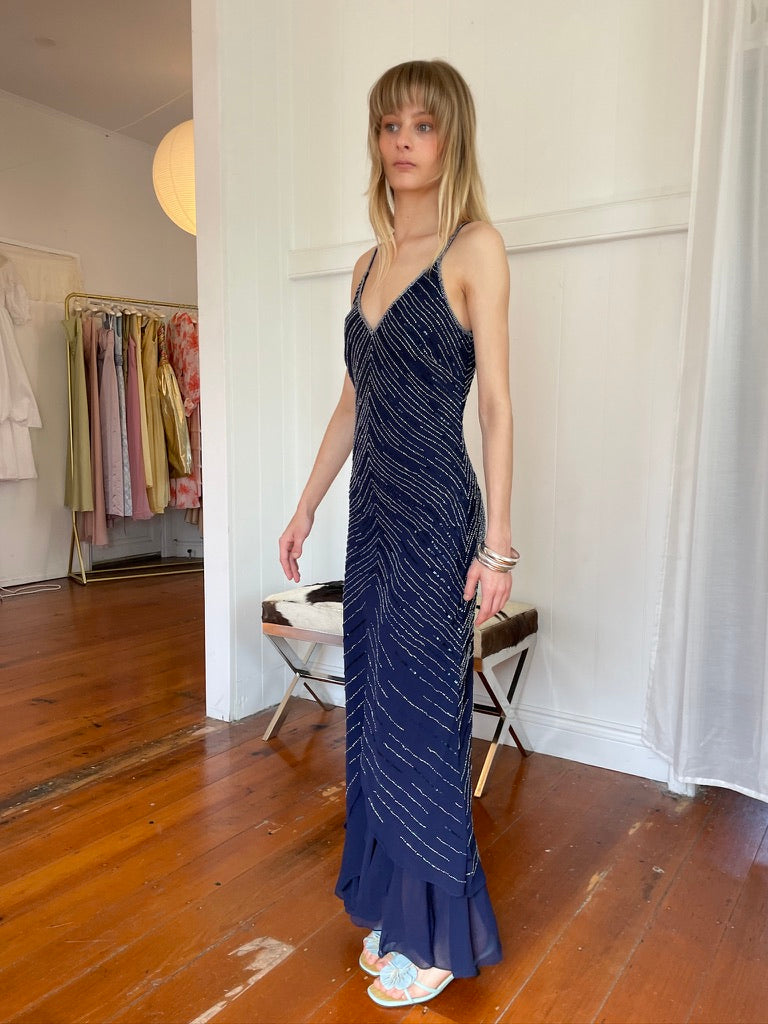 Vintage Y2K Navy beaded slip dress with flirty hem