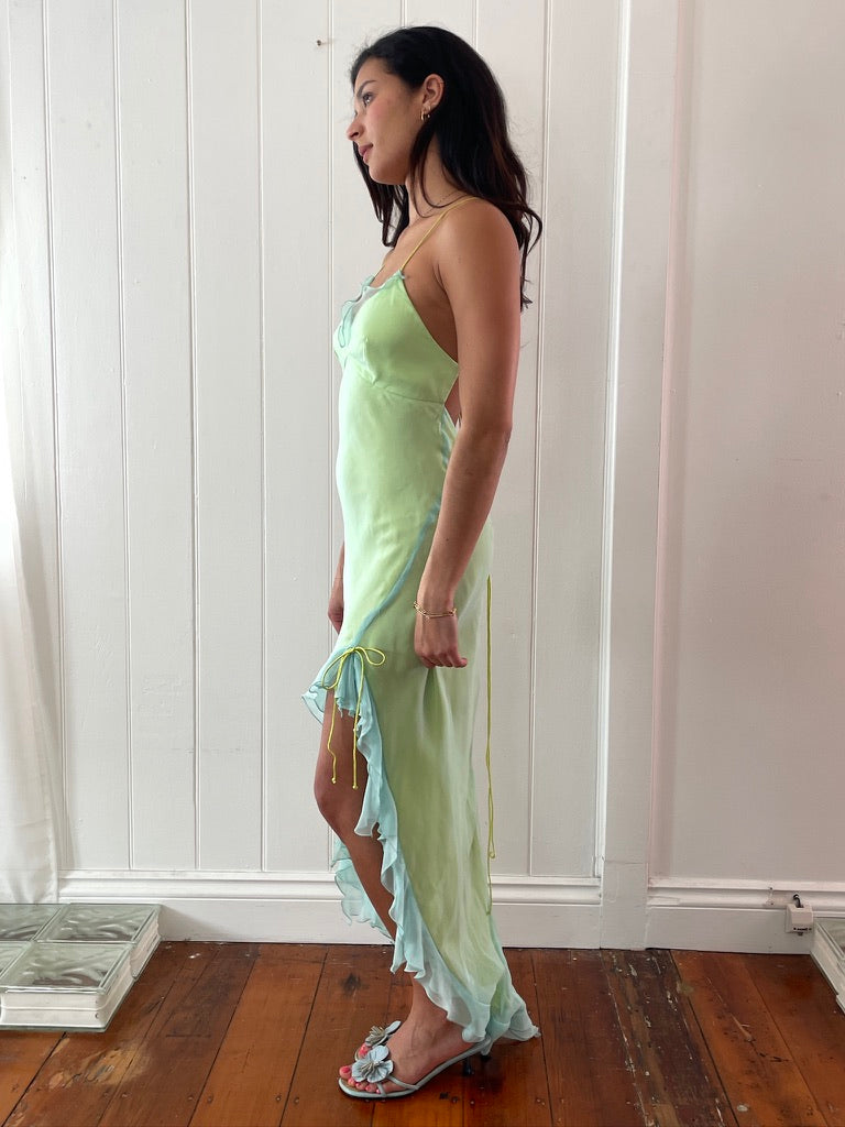 Vintage 90s green and blue high low backless dress