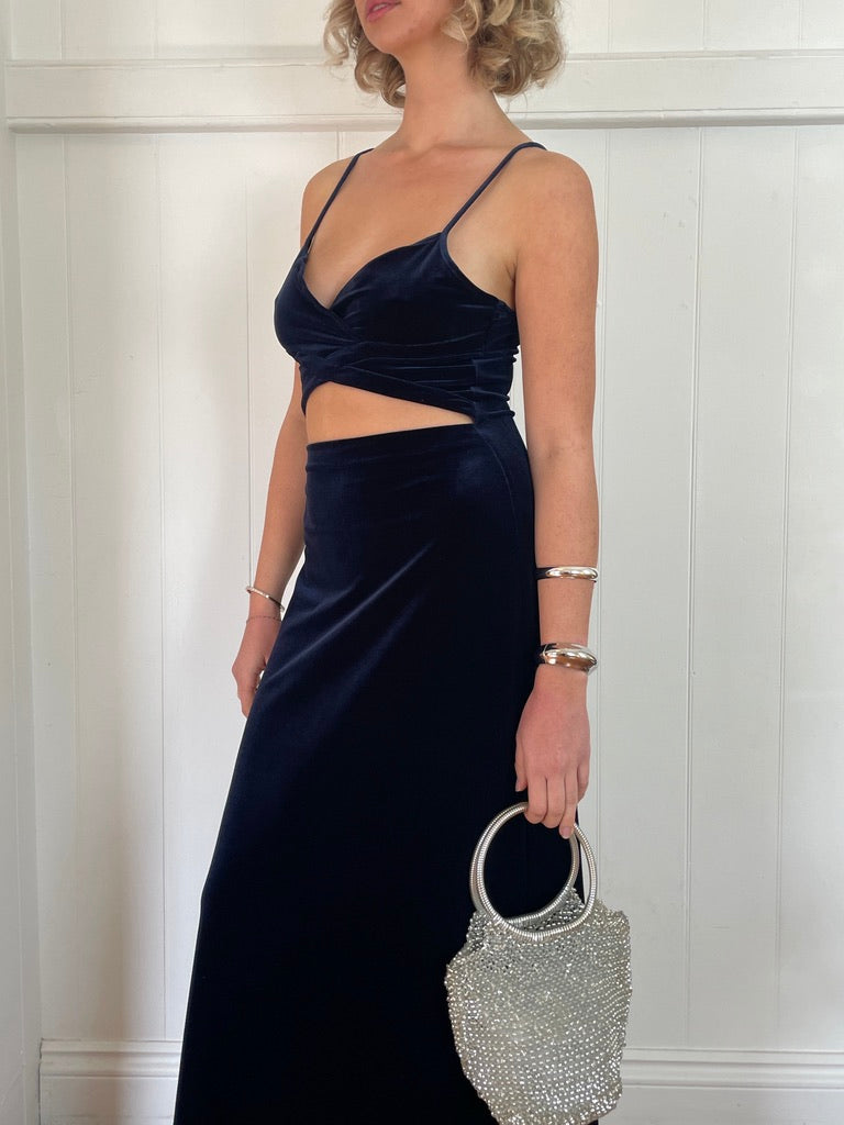 Vintage 90s navy velvet maxi with cutout detail