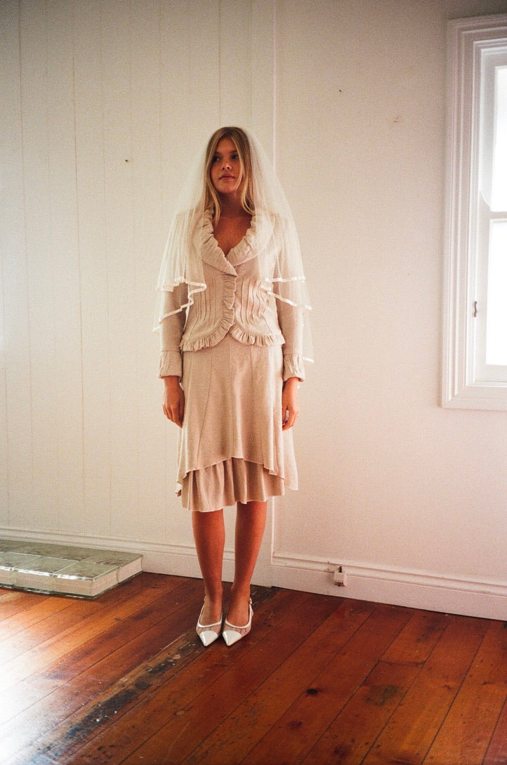 Vintage y2k french made bridal skirt suit set oatmeal