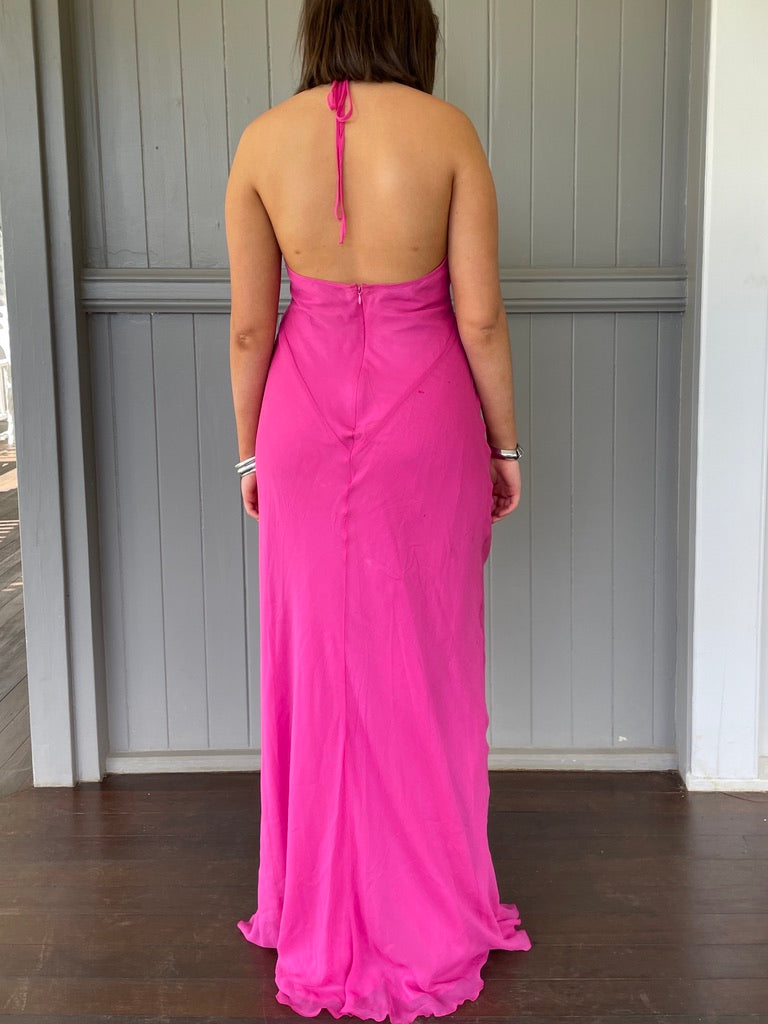 Vintage y2k pink silk halter neck maxi dress