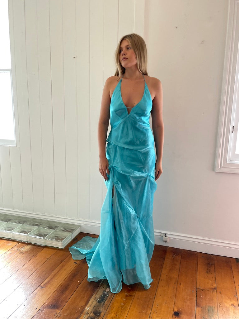 Vintage 90s aqua gathered organza backless halter gown