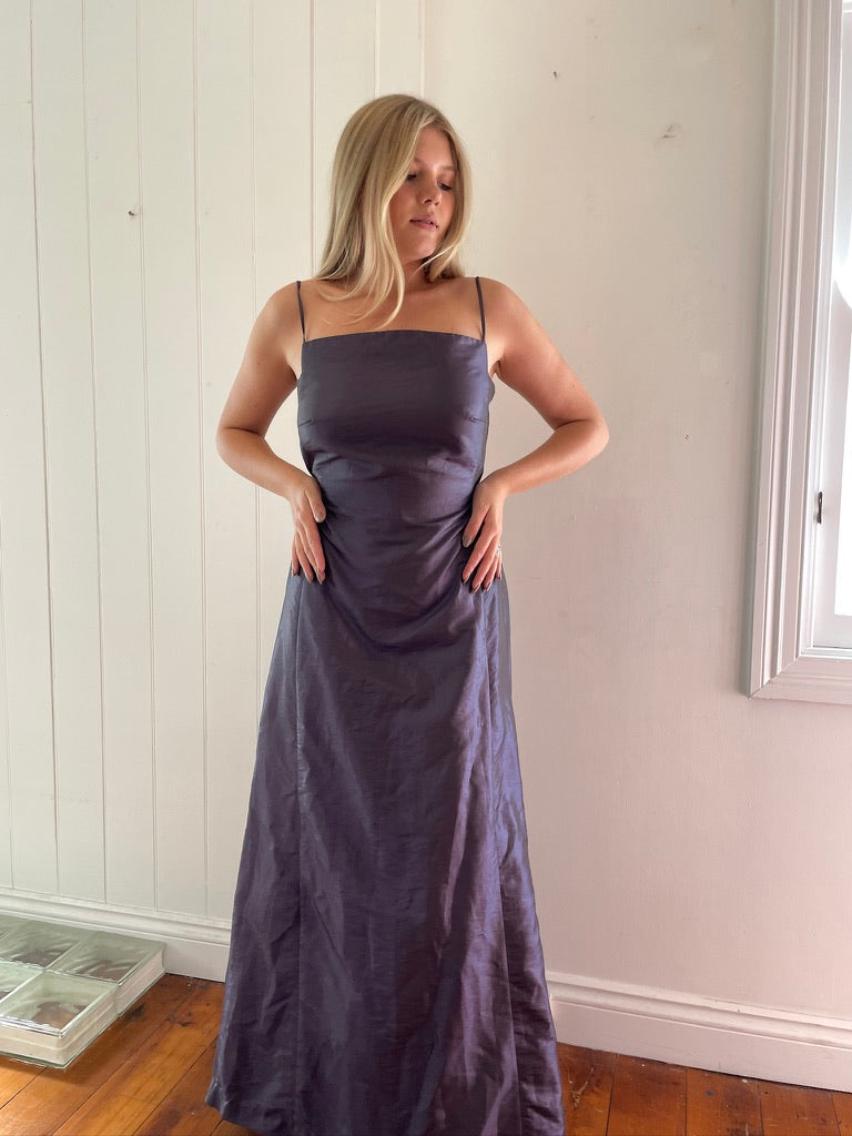 Vintage 90s purple high neck open back pleated evening dress