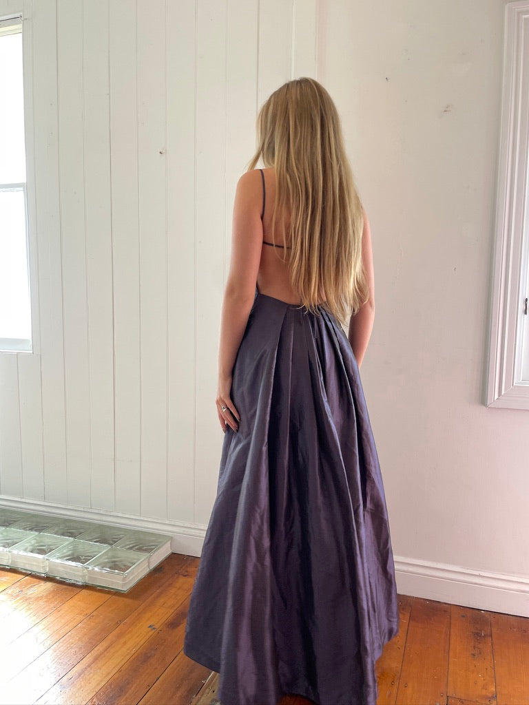 Vintage 90s purple high neck open back pleated evening dress