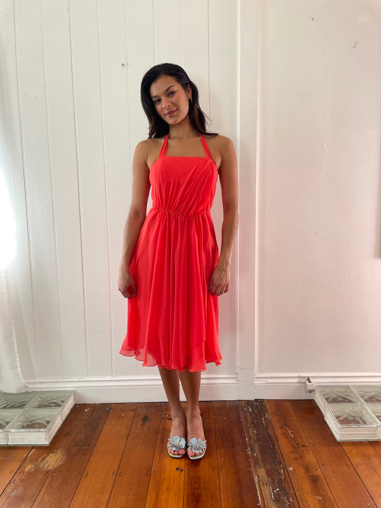 Vintage 90s orange flowy halter neck mini dress