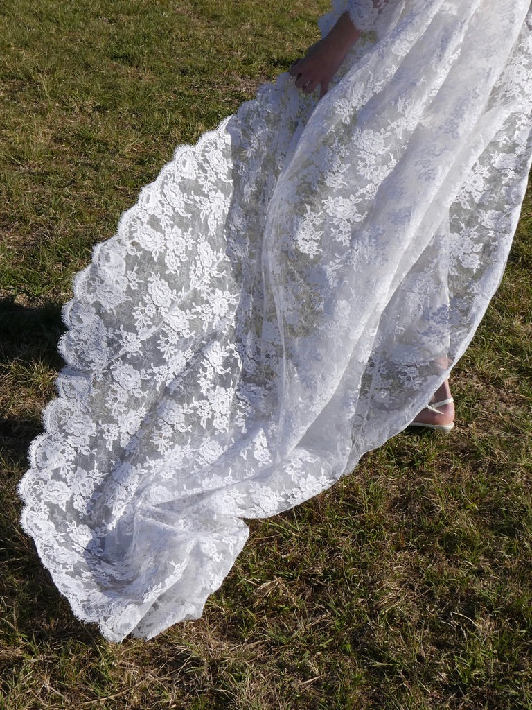 Vintage 60s long sleeve satin column gown with lace cape