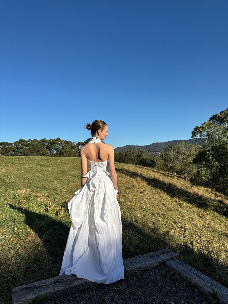 Vintage 90s taffeta basque waist halterneck gown