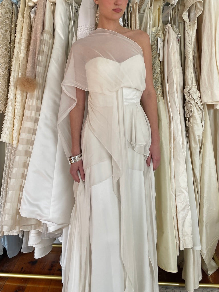 Vintage 90s tiered silk georgette waterfall wedding gown
