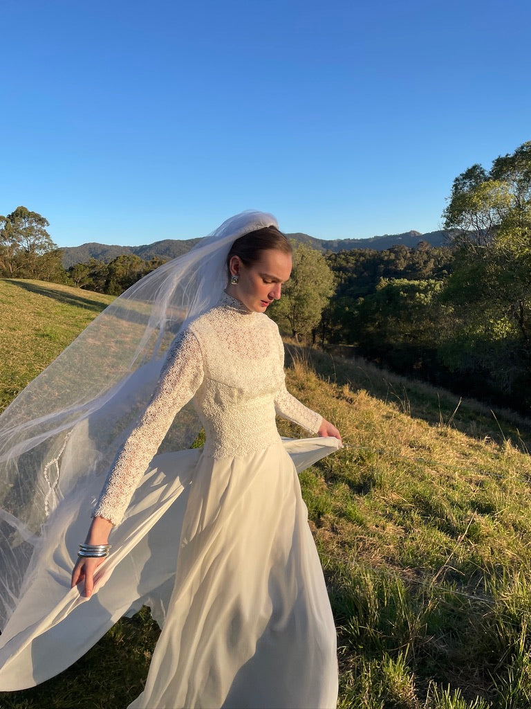 Vintage 60s long sleeve chiffon gown with guipure lace bodice
