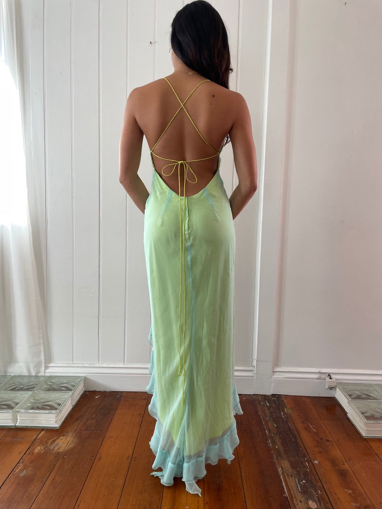 Vintage 90s green and blue high low backless dress
