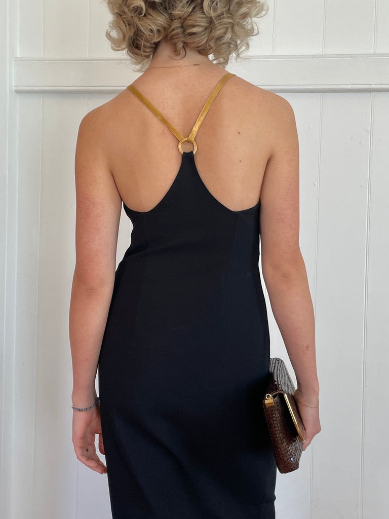 Vintage 90s black high neck gown with gold hardware