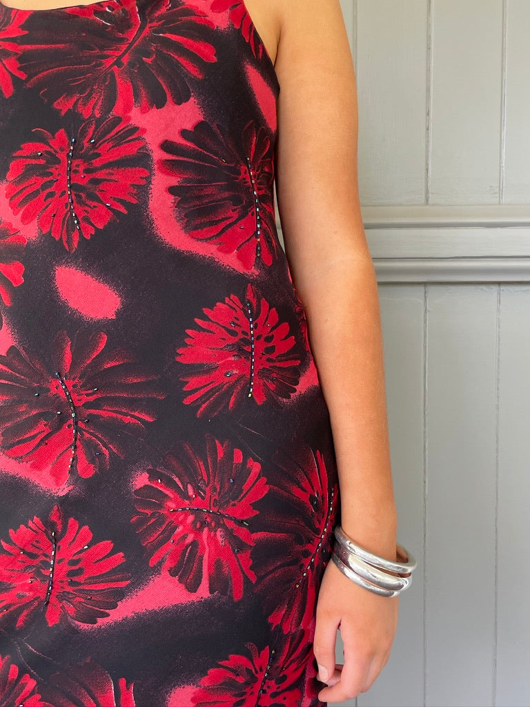 Vintage 90s black and red floral slip dress