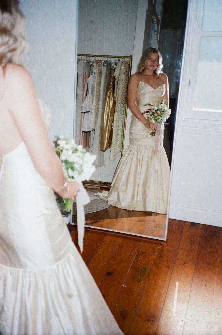 Vintage y2k raw silk champagne trumpet wedding gown