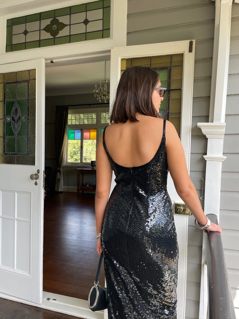 Vintage 80s black sequinned evening dress