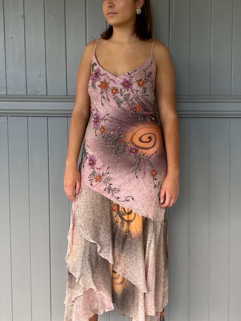Vintage Y2K silk beaded whimsical slip dress