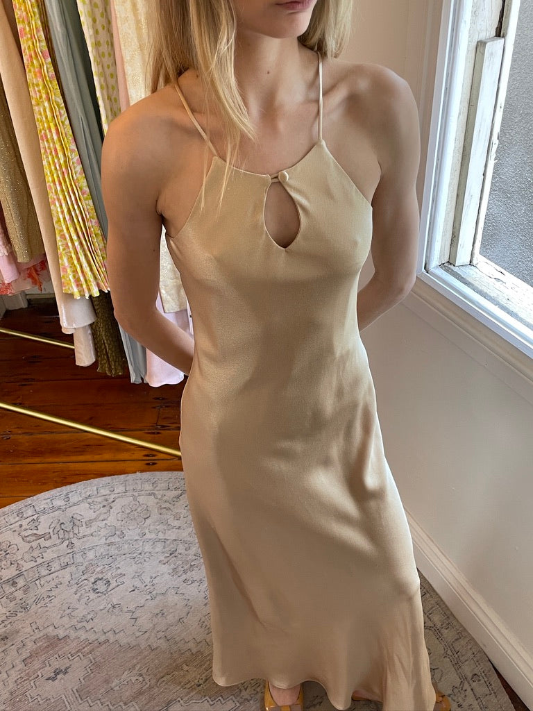 Vintage 90s champagne high neck bias cut evening dress