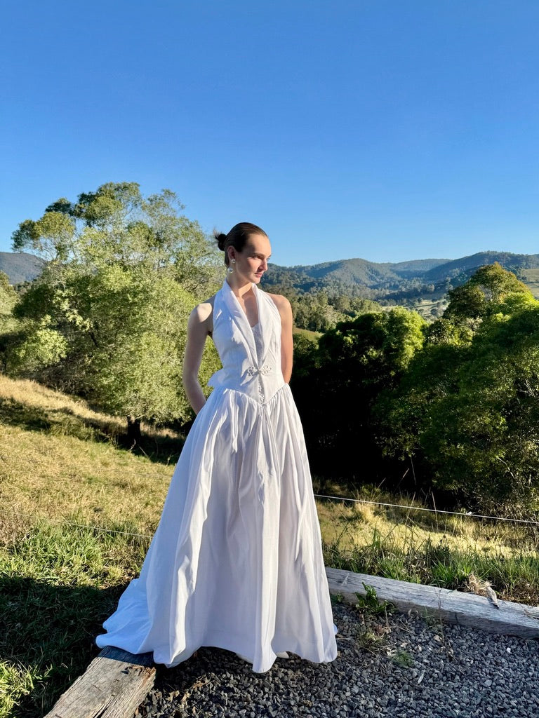 Vintage 90s taffeta basque waist halterneck gown