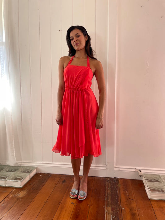 Vintage 90s orange flowy halter neck mini dress