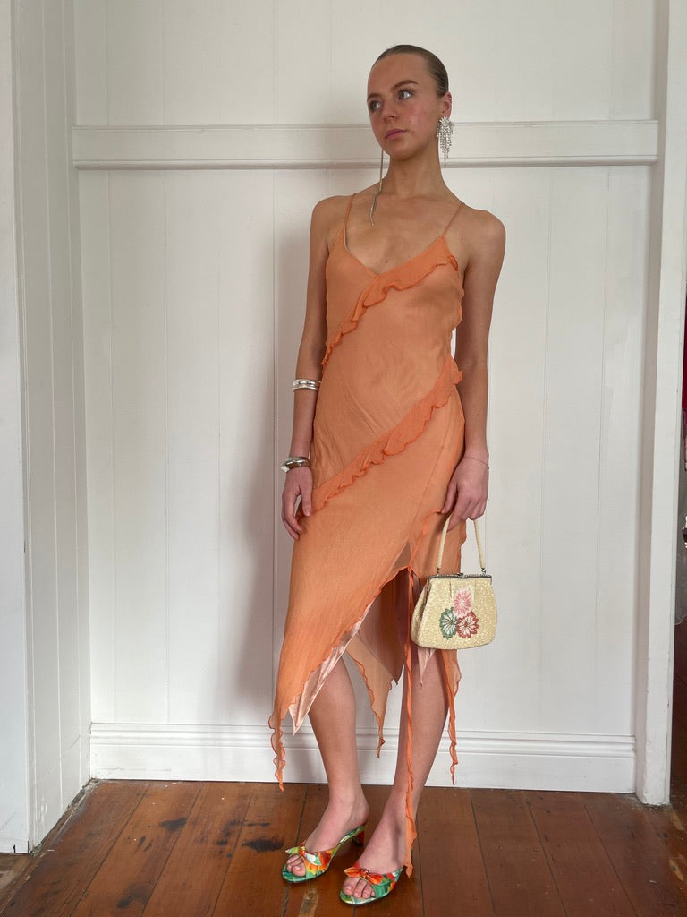 Vintage y2k pastel orange silk bias cut midi dress