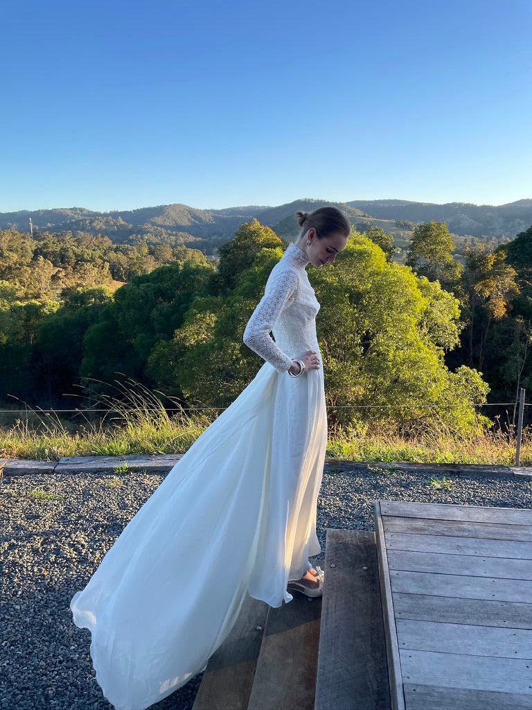 Vintage 60s long sleeve chiffon gown with guipure lace bodice