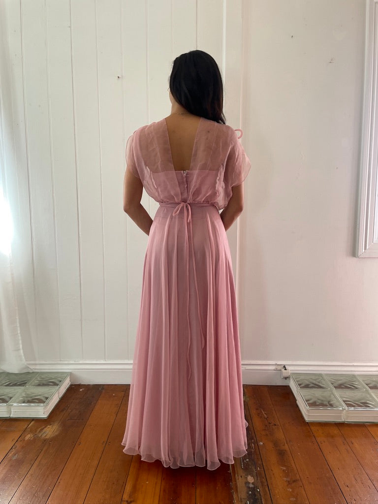 Vintage 70s dusty pink maxi dress with sheer bolero