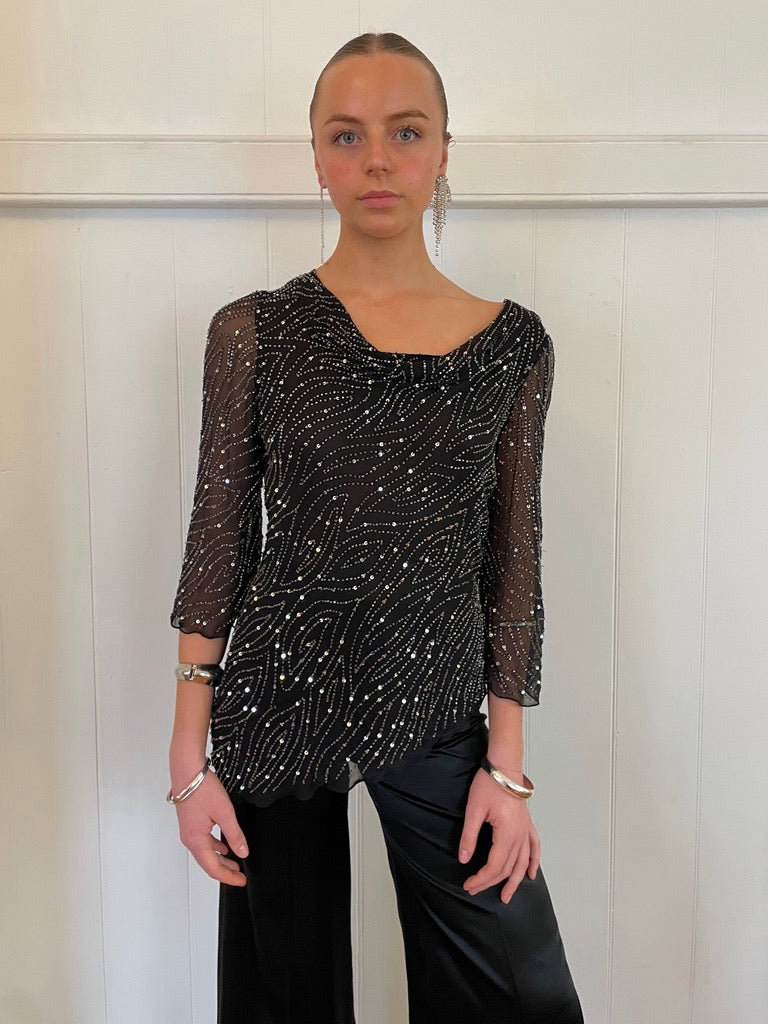 Vintage 90s black asymmetric silk sequinned blouse