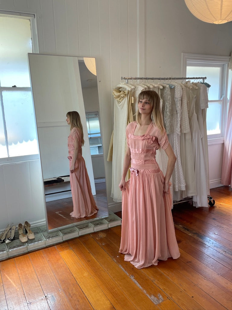 Vintage 50s pink drop waist maxi dress with bows