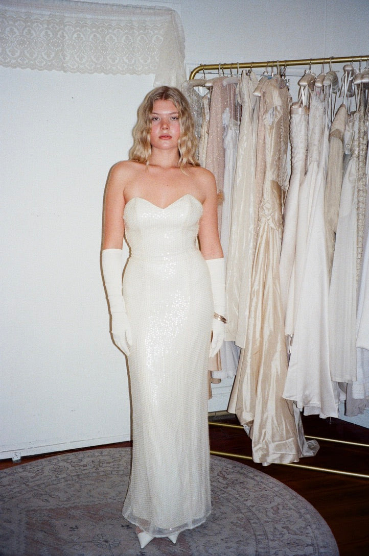 Vintage 80s cream sweetheart sequinned wedding dress