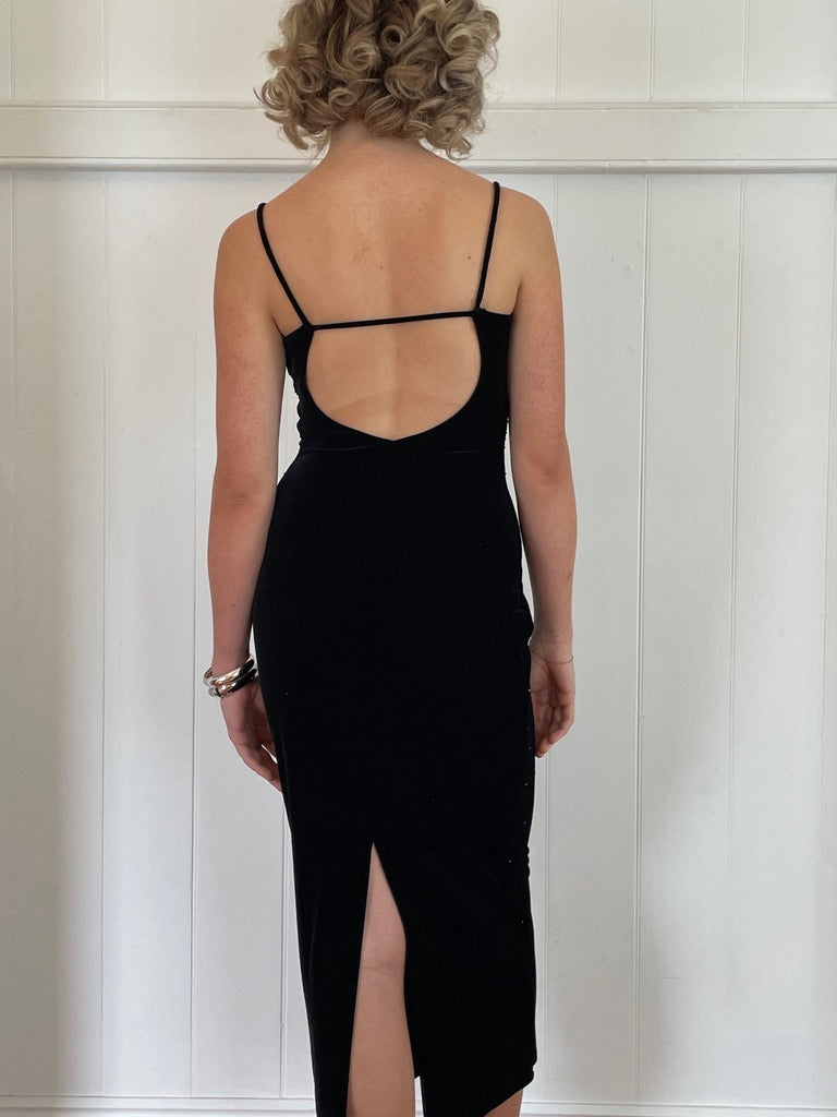 Vintage 90s black velvet midi dress with blue sparkle
