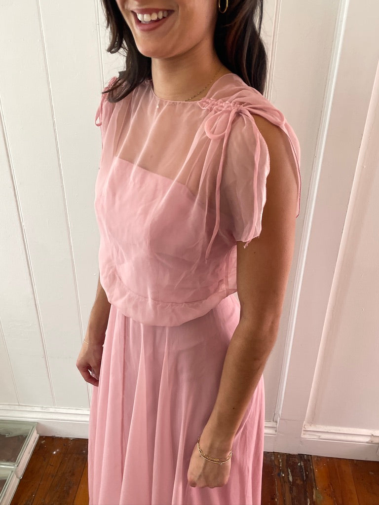 Vintage 70s dusty pink maxi dress with sheer bolero
