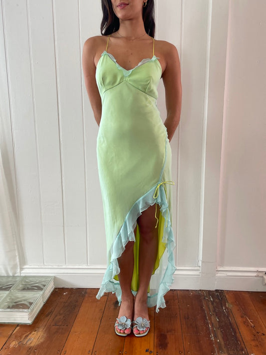 Vintage 90s green and blue high low backless dress