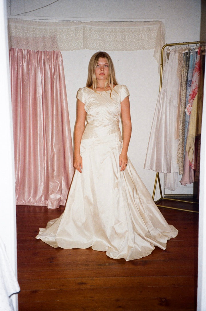 Vintage 90s silk dupion pleated high neck wedding gown