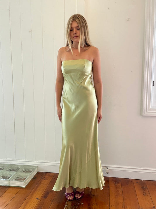 Vintage 90s pistachio green pure silk strapless gown