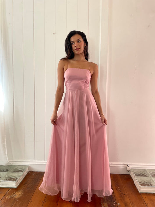 Vintage 70s dusty pink maxi dress with sheer bolero