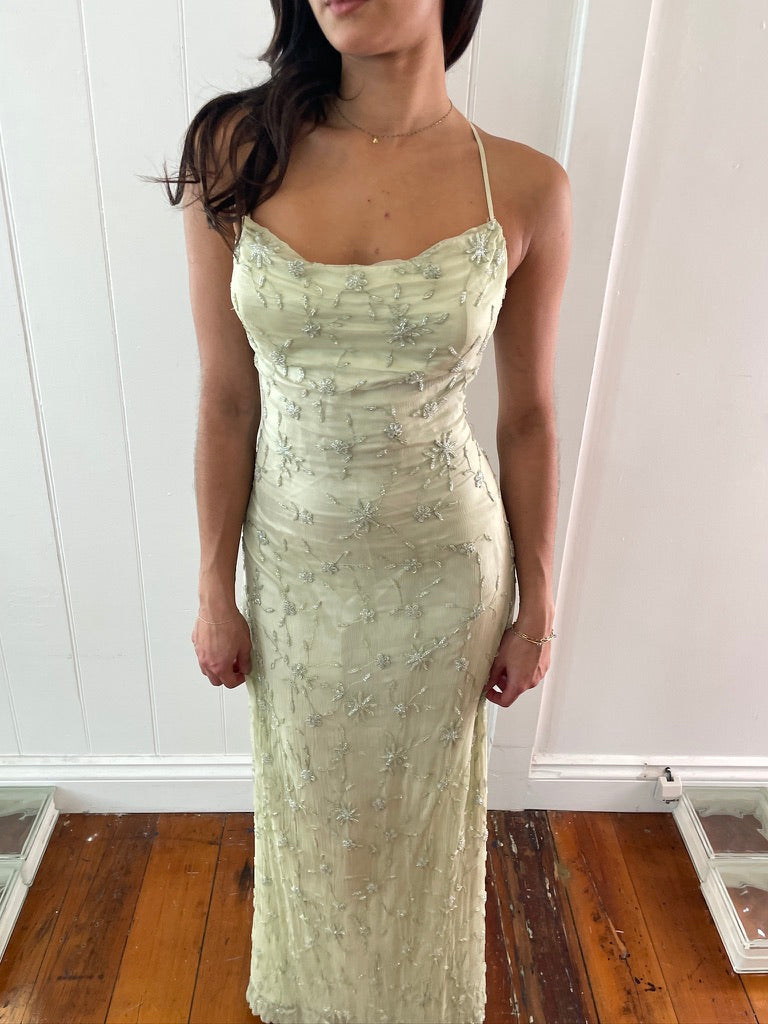 Vintage 90s pistachio green silk beaded evening dress
