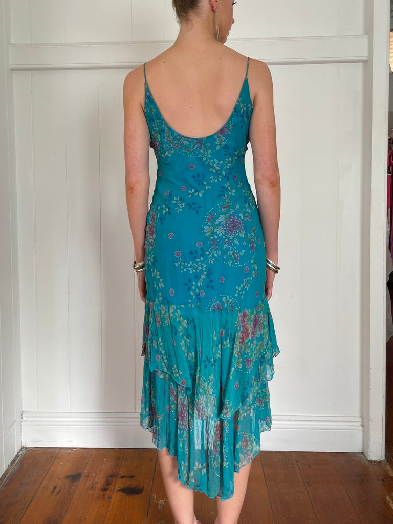 Vintage y2k blue floral silk bias cut asymmetric midi dress