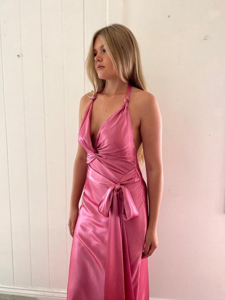 Vintage Y2K pink satin backless halter neck gown