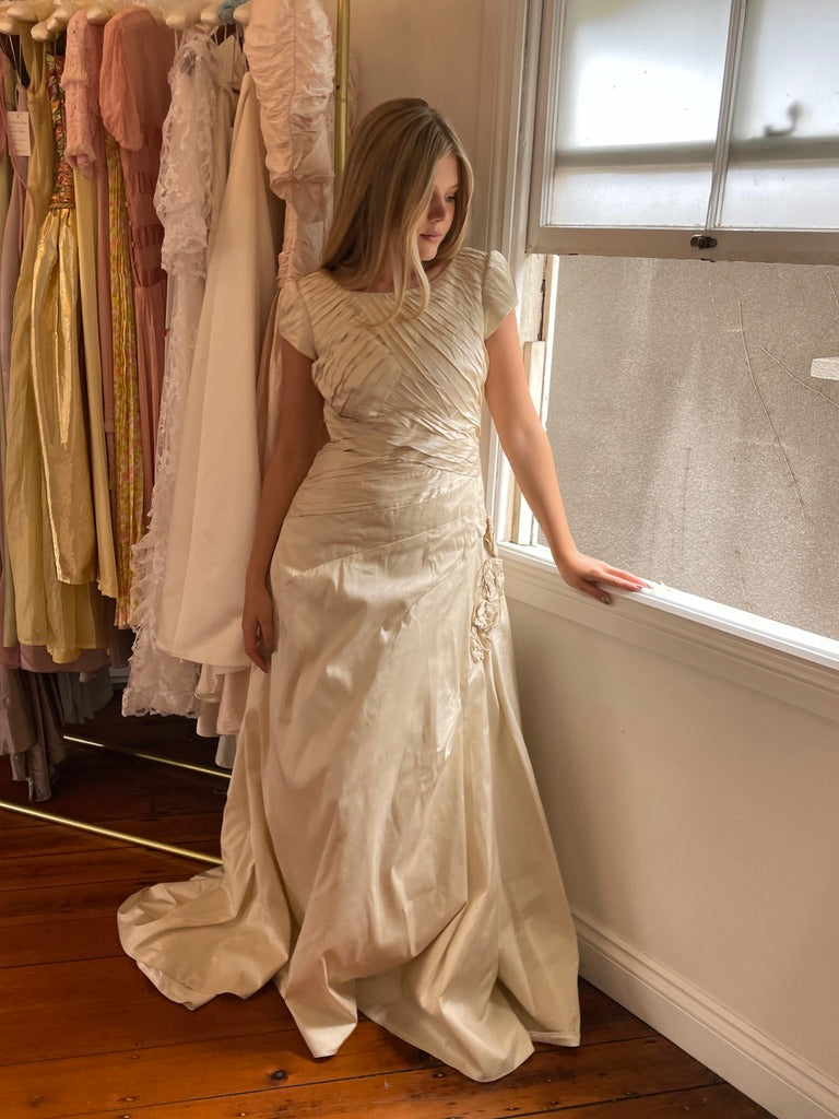 Vintage 90s silk dupion pleated high neck wedding gown