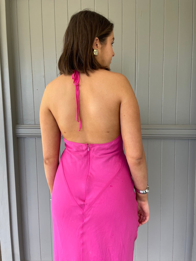 Vintage y2k pink silk halter neck maxi dress
