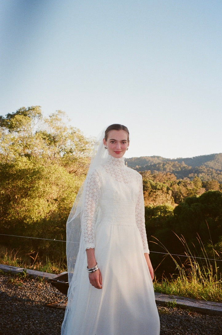 Vintage 60s long sleeve chiffon gown with guipure lace bodice