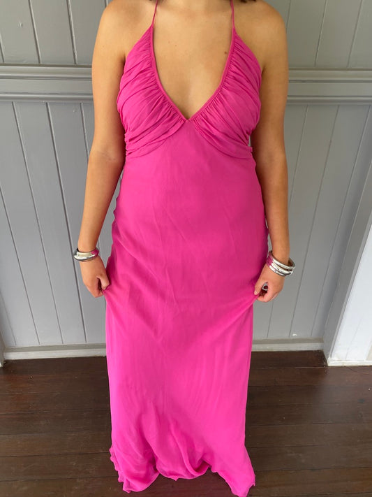 Vintage y2k pink silk halter neck maxi dress