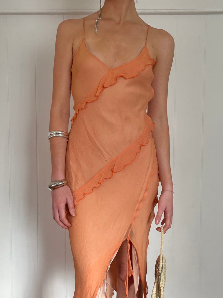 Vintage y2k pastel orange silk bias cut midi dress
