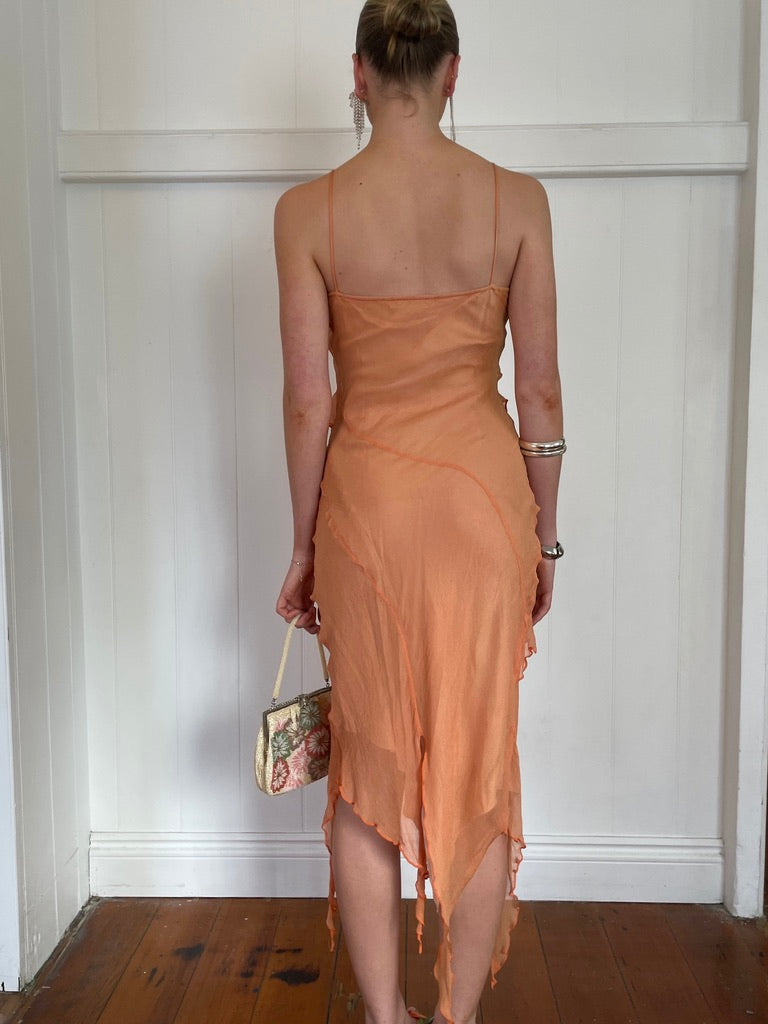 Vintage y2k pastel orange silk bias cut midi dress