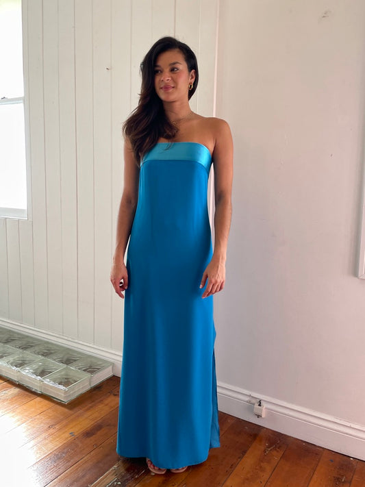 Vintage 90s blue strapless column evening dress