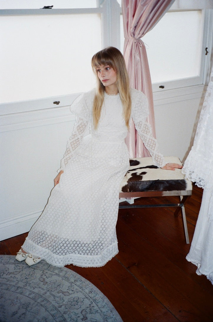 Vintage 70s lace high neck long sleeve wedding dress