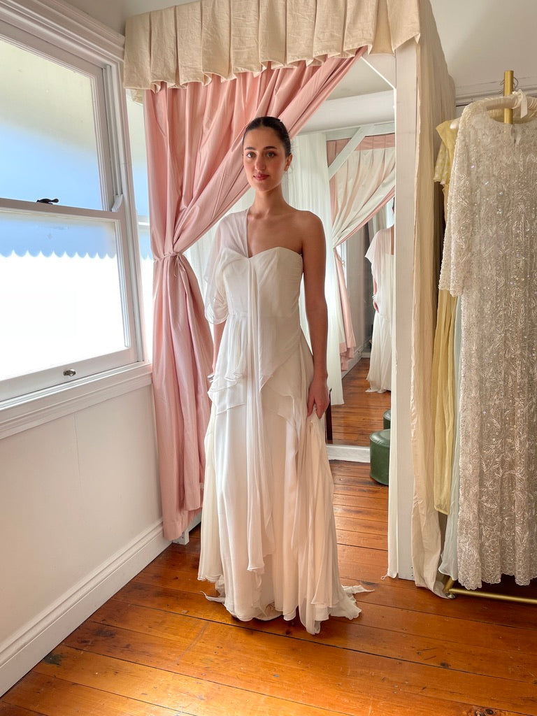 Vintage 90s tiered silk georgette waterfall wedding gown