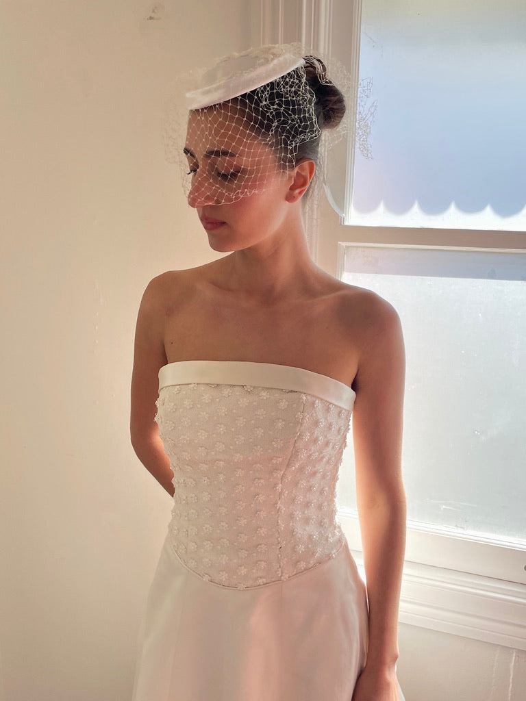 Vintage 70s white satin bridal hat with face netting